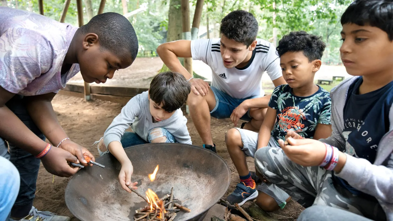 Kampvuur bouwen tijdens de Kindervakantieweken