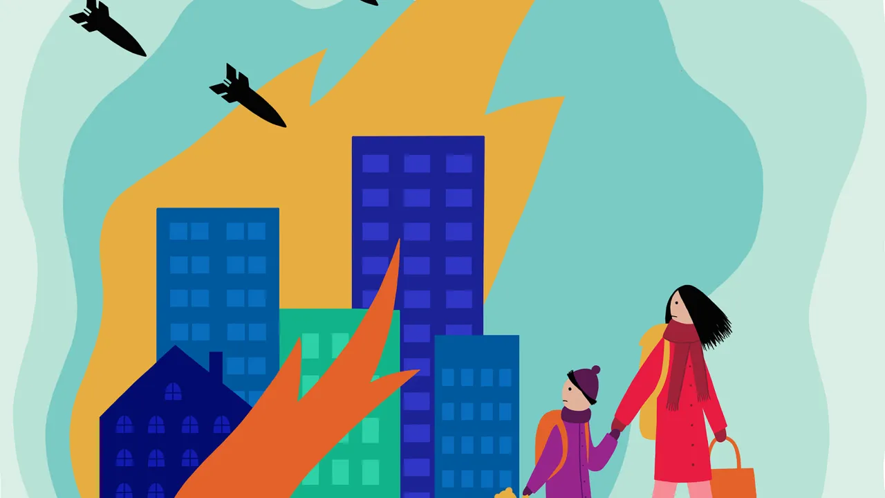 Ilustratie van moeder en kind die vluchten voor de bommen in Oekraïne