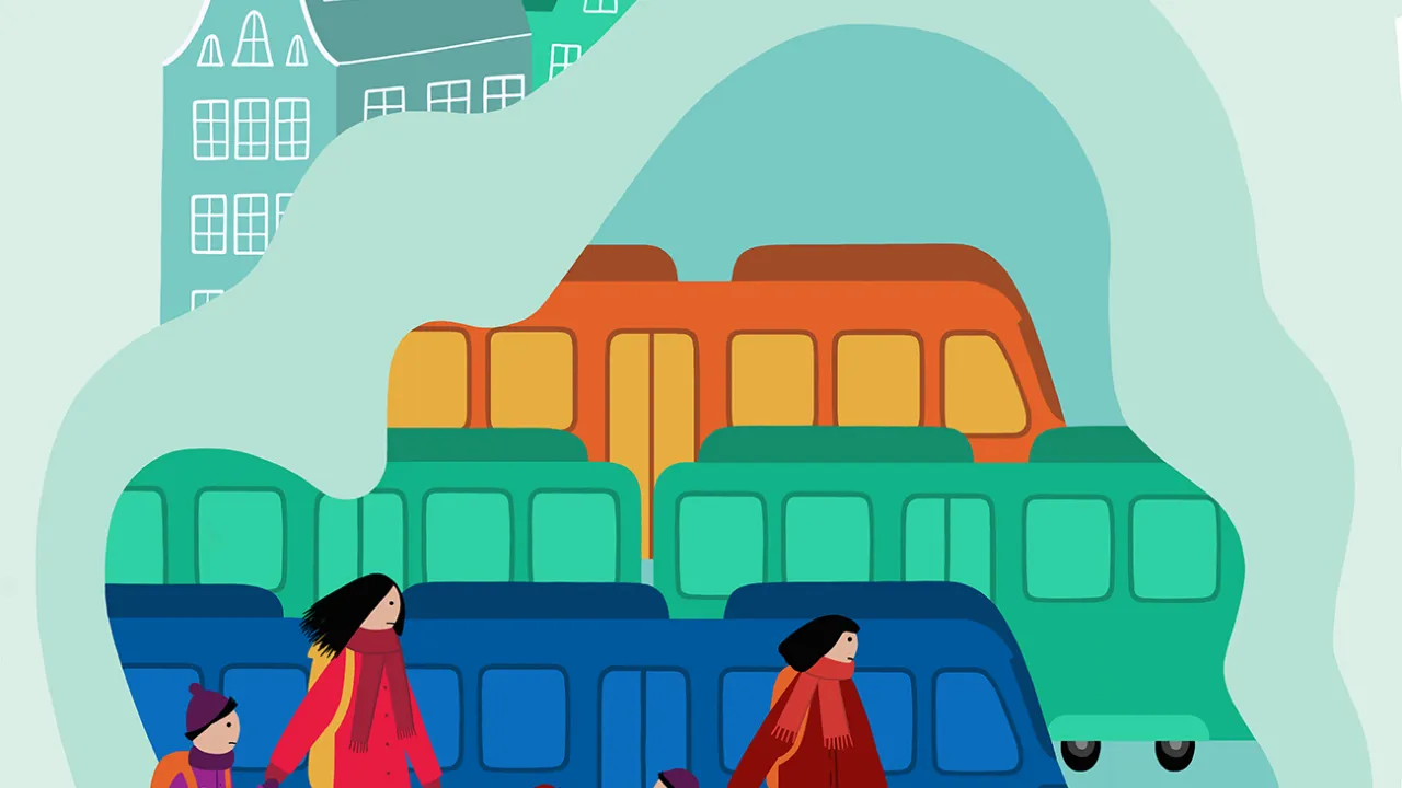 Kleurrijke illustratie van moeders en kinderen die aankomen in Nederland