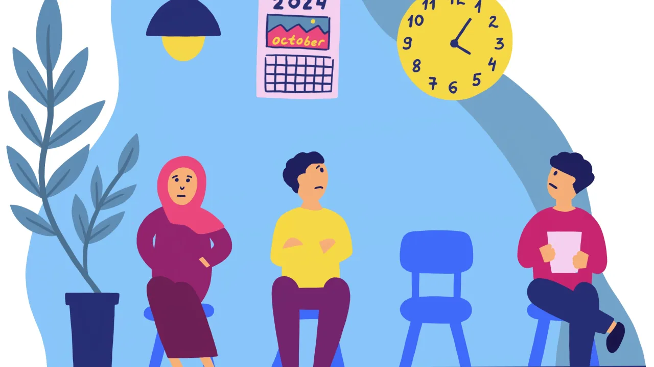 Illustratie van vluchtelingen in een wachtkamer