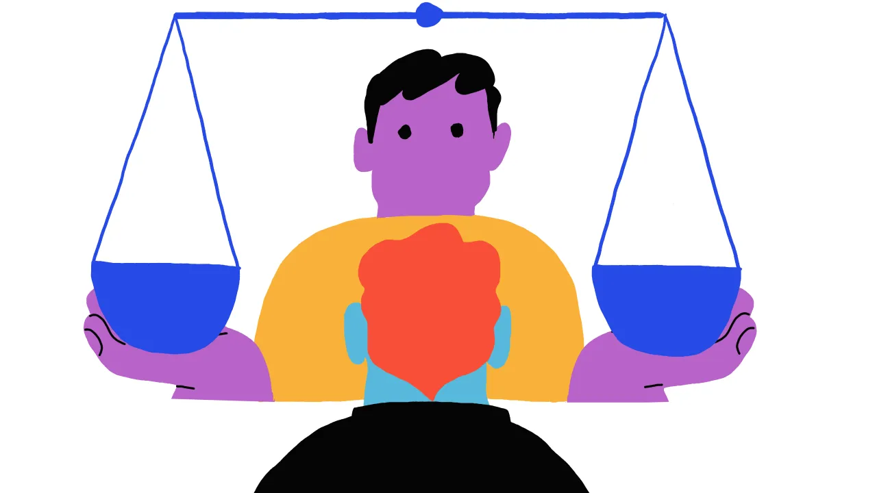 Een illustratie van twee mensen tegenoverelkaar, waarbij een iemand een weegschaal vasthoudt