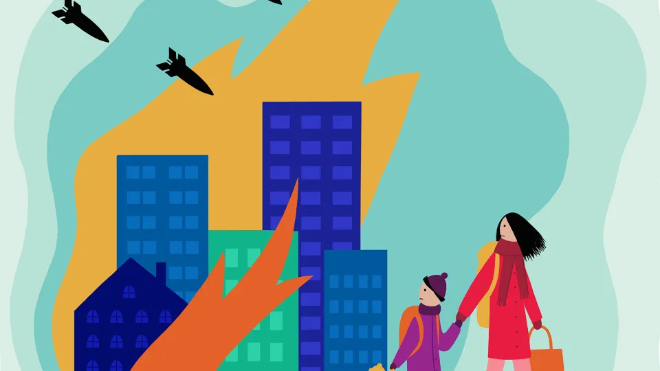 Ilustratie van moeder en kind die vluchten voor de bommen in Oekraïne