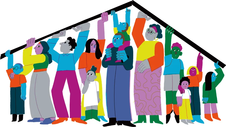 Mensen staan onder een krap dak van een huis