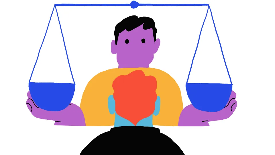 Een illustratie van twee mensen tegenoverelkaar, waarbij een iemand een weegschaal vasthoudt