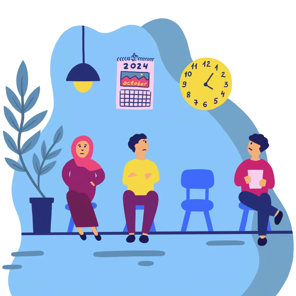 Illustratie van vluchtelingen in een wachtkamer