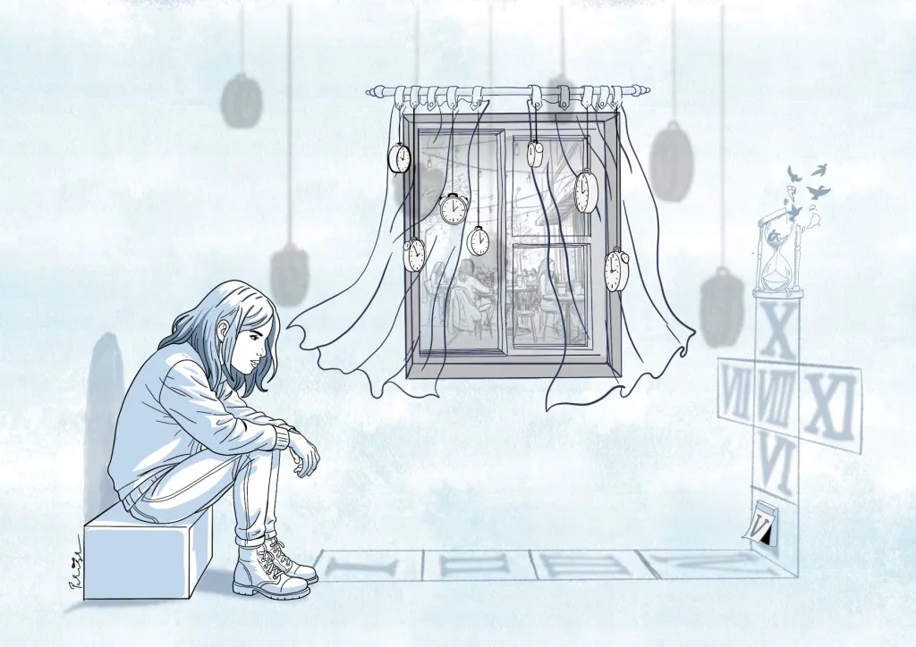 Illustratie van vluchteling in de wachtstand