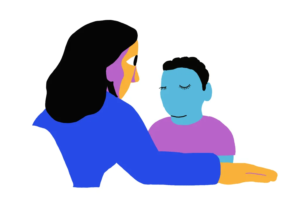 Een asielzoeker zit tegenover een vrouw. Zij stelt hem een vraag, hij kijkt naar beneden. 