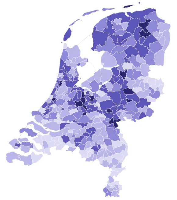 Een kaart van Nederland waarop je kunt zien hoeveel posters er in de gemeente is aangevraagd. 